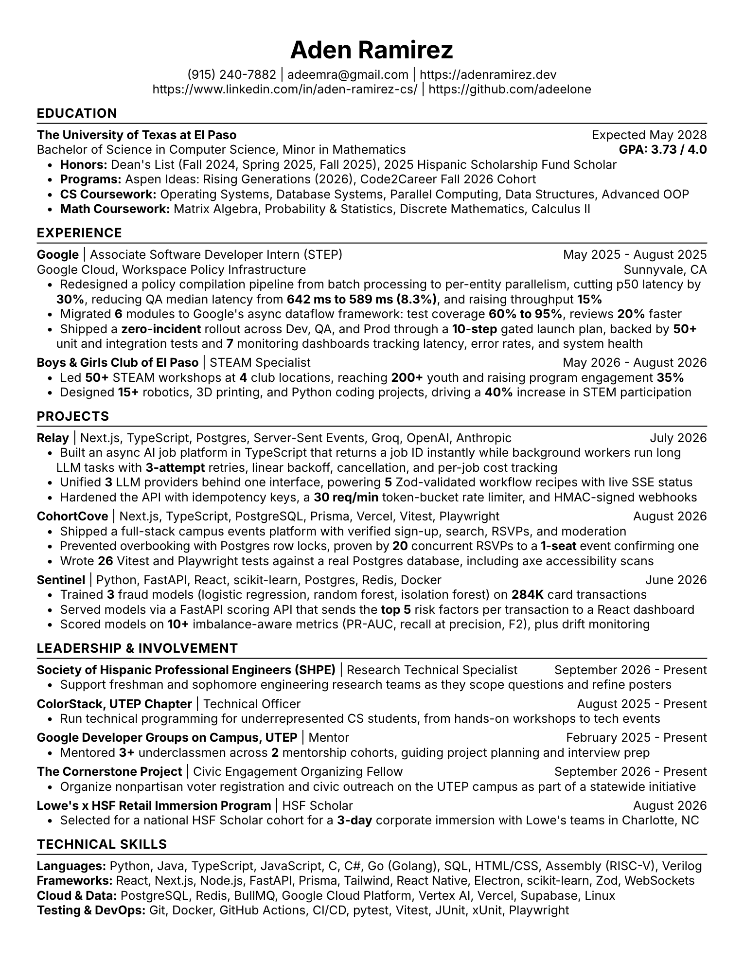 Preview of Aden Ramirez's software engineering resume